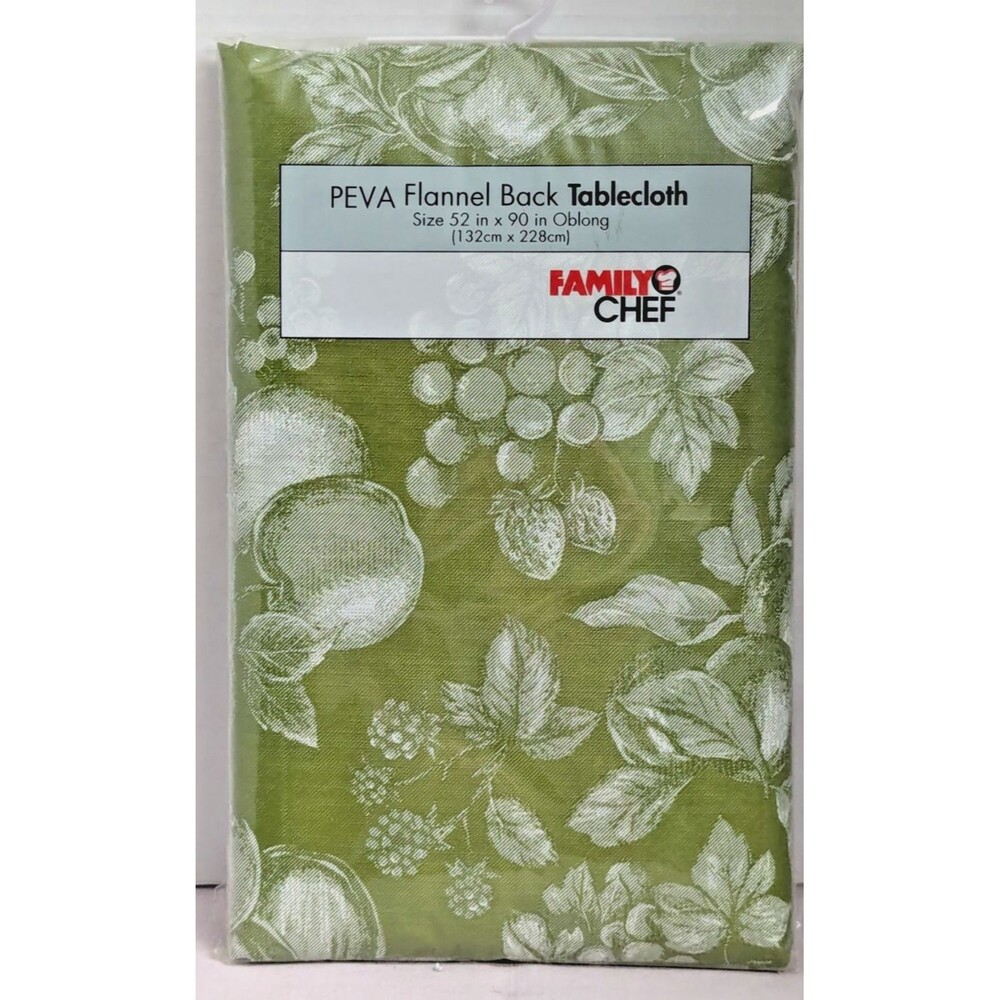 Green White Fruit PEVA Tablecloth 52 x 90-in Flannel Backing Kitchen Gift NEW